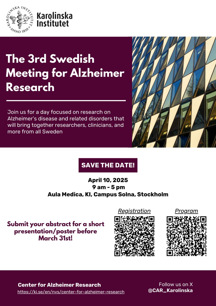Center for Alzheimer Research at KI (@car_karolinska) on Twitter photo Only 3 days left to submit your abstract to the 3rd Swedish Meeting for Alzheimer Research. Do not miss this conference! Registration here: ki.se/en/nvs/researc… <a href="/KarolinskaUnsju/">Karolinska Univ.sjuk</a> <a href="/karolinskainst/">Karolinska Institutet</a> <a href="/KIpostdocs/">KI postdocs</a> <a href="/JuniorFacultyKI/">Junior Faculty at KI</a> Only 3 days left to submit your abstract to the 3rd Swedish Meeting for Alzheimer Research. Do not miss this conference! Registration here: ki.se/en/nvs/researc… <a href="/KarolinskaUnsju/">Karolinska Univ.sjuk</a> <a href="/karolinskainst/">Karolinska Institutet</a> <a href="/KIpostdocs/">KI postdocs</a> <a href="/JuniorFacultyKI/">Junior Faculty at KI</a>