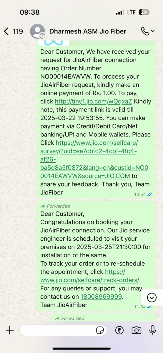 Meet_Mehta's tweet photo. but still no response and they are blaming their own software and taking no ownership.

Attaching all the installation msgs, gold pass and call done to the jio fiber helpline no.

Now they are checking with technical team but will not refund.
@TRAI @jagograhakjago @reliancejio https://t.co/uv5C13YWmz