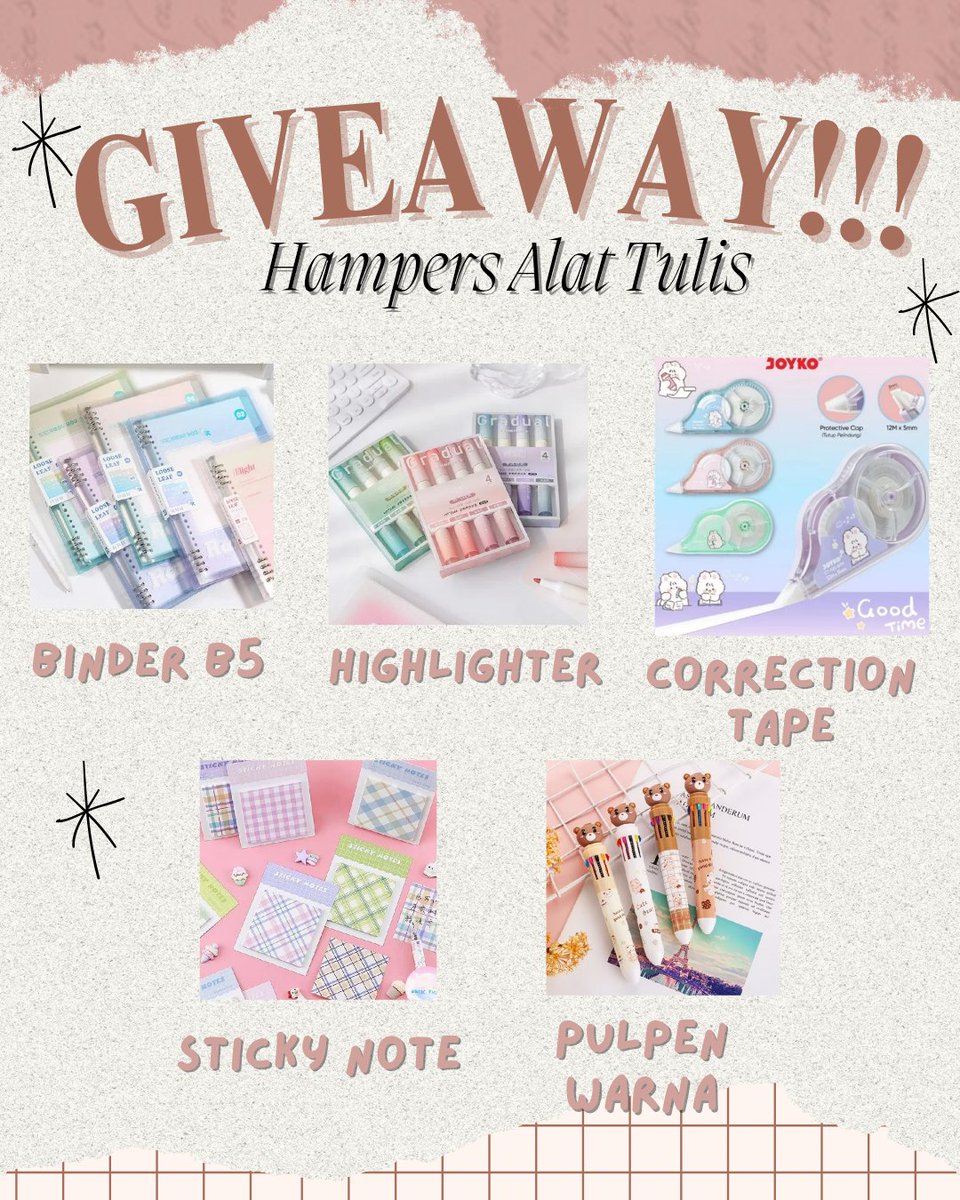 GIVEAWAY🥳🎉
‼️HAMPERS ALAT TULIS‼️

halo guys🙌🏻
alhamdulillah aku ada sedikit rezeki😇, jadi aku mau bikin GIVEAWAY buat kalian semua🥳

📌buat syarat dan ketentuan nya bisa cek di bawah ini👇