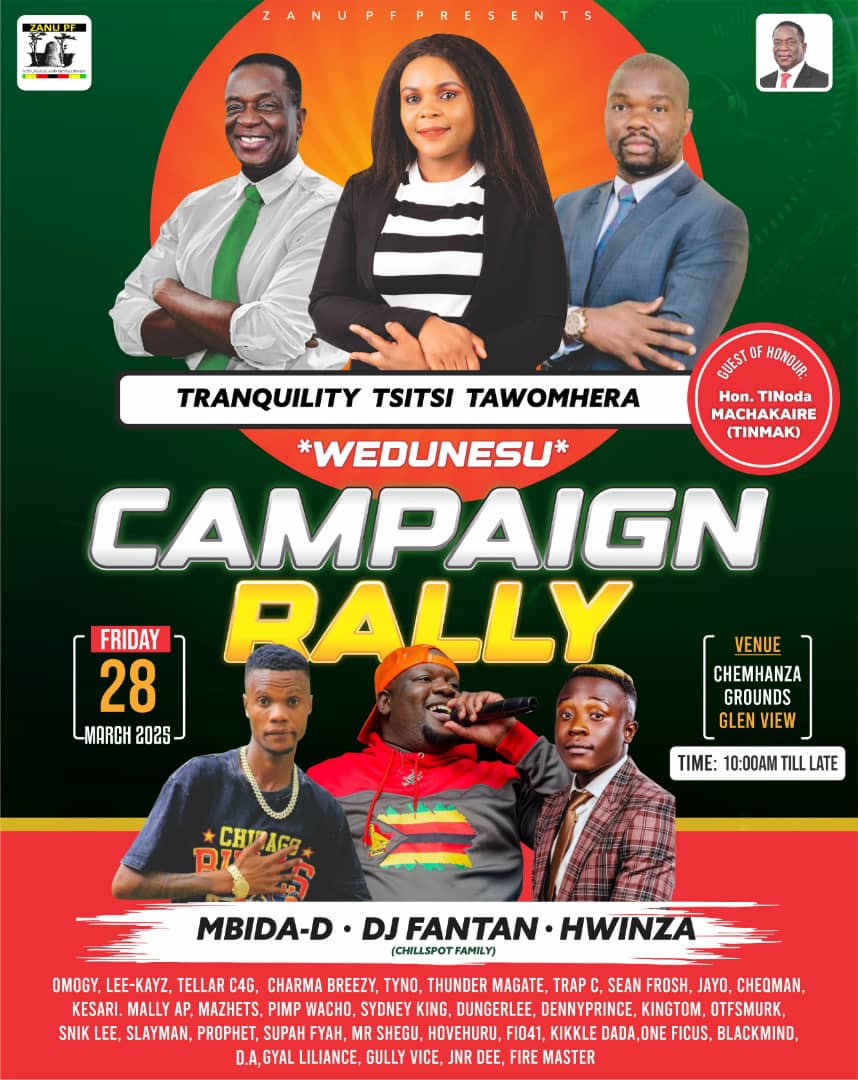 BMhungu3668's tweet photo. 📌ITS TODAY & DON'T MISS
ZANU-PF CAMPAIGN RALLY
Guest: Hon Tino Machakaire
🗓️ TODAY
🏟️ Chemhanza Stadium
⌚ 10am
VOTE❎ TRANQUILITY TSITSI TAWOMHERA GLENVIEW SOUTH-MP
_Entertainment by_
✓Dj Fantan
✓Mbida D
✓Hwinza
#VoteZANUPF
#GlenViewDevelopment
#WeduNesu https://t.co/5UdfAm7ODl