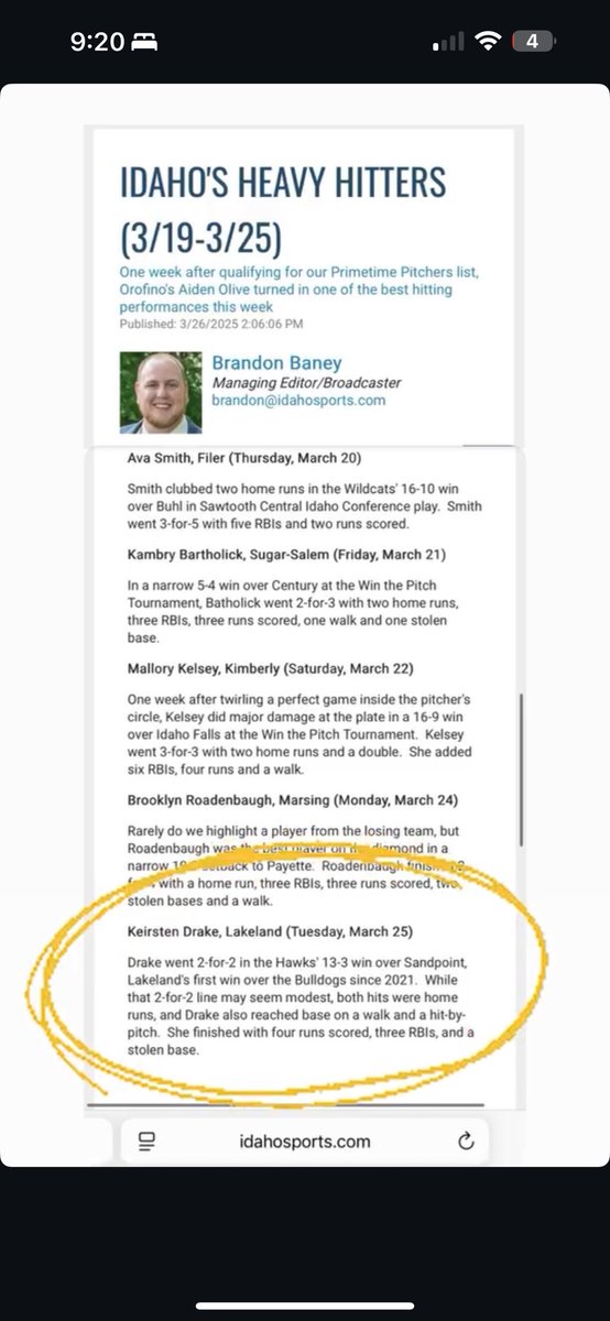 KDrake2026's tweet image. First games in conference play and we split with Sandpoint! Wanted to win both but I had a great double header. I went 4 for 6 with 3 HR’s.
Also got named Lakeland athlete of the month for March and made Idaho’s Heavy Hitters article.💚💛💚💛
.
.@ExtraInningSB @TopPreps…