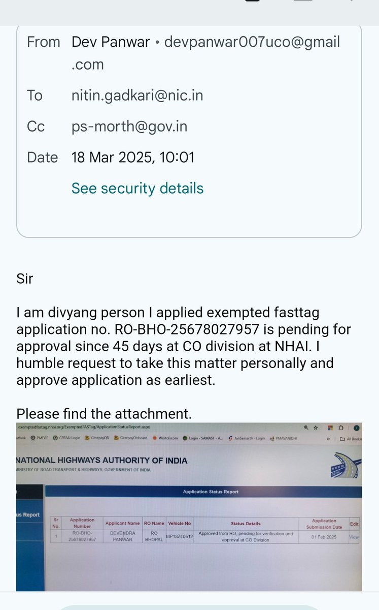 Devpanwar007's tweet photo. @nitin_gadkari @NHAI_Official @exemptedfastag @ministryofroads  sir my application for exempted fastag pending since 1 feb 2025 still pending at CO level @NHAI_Official I have send mail to also @nitin_gadkari ji but still no solutions #DEPWD I m divyang person please approve https://t.co/IjDKeZh2KG
