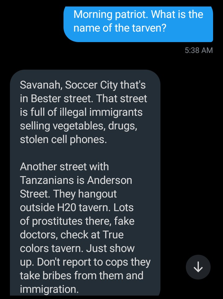 PatrioticMedia1's tweet photo. LETTERS FROM OUR DM
The writer is asking for action to be taken against a Nigerian tarven that is operating without a license.
@SAPoliceService @AthlendaM https://t.co/rAu9arq9sf