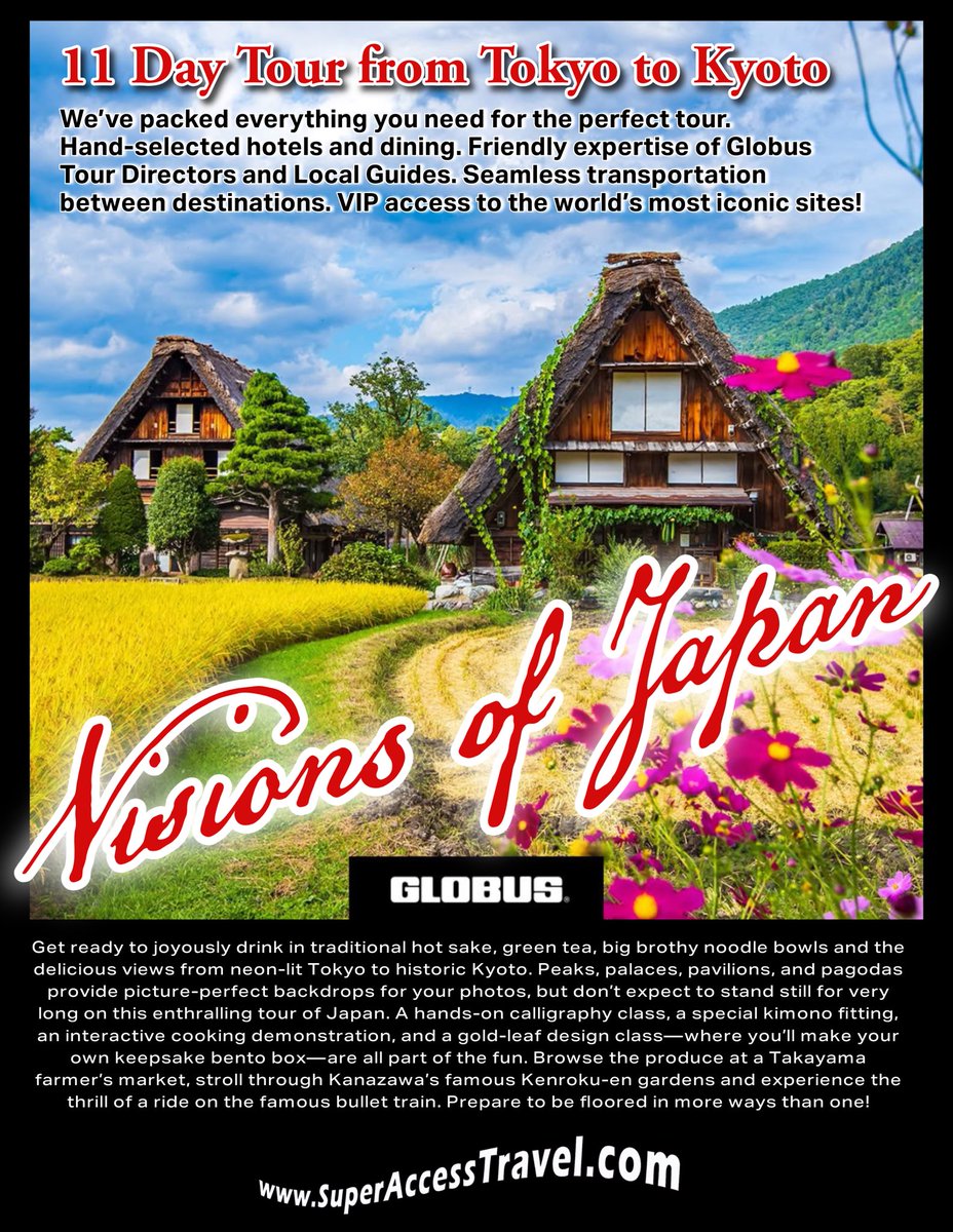 #Globus Eleven Day Tour of Japan from Tokyo to Kyoto.
Ride the bullet train. #tour #Japan 
SuperAccessTravel.com/contact