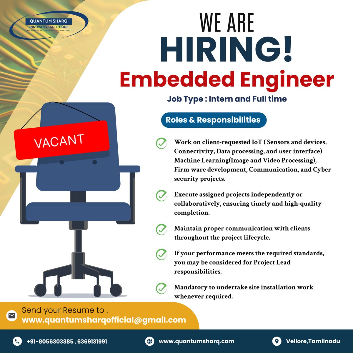 SharqQuantum's tweet image. 🚀 Hiring Embedded Engineer! (Intern & Full-Time)
Work on IoT, ML, Firmware & Cybersecurity projects.
📩 Apply: quantumsharqofficial@gmail.com
📍 Vellore, Tamil Nadu
#Hiring #EmbeddedEngineer #TechJobs
