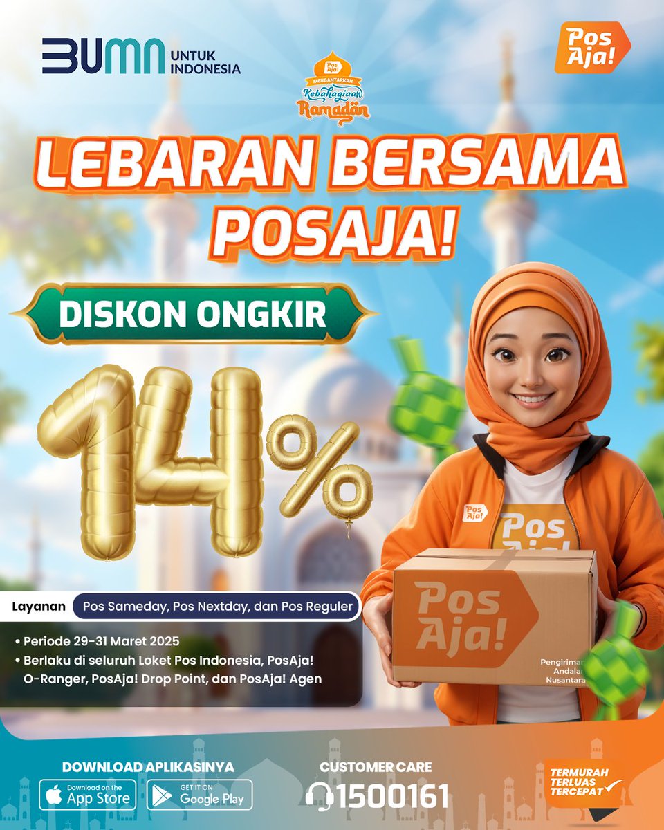PosAjaOfficial's tweet image. Rayakan momen Lebaran bersama PosAja!🧡

Dapatkan diskon ongkir 14% di seluruh Loket Pos Indonesia, PosAja! O-Ranger, PosAja! Drop Point, dan PosAja! Agen‼️

#MengantarkanKebahagiaanRamadan #KirimAjaPakaiPosAja! #BerkahRamadan! #PosAja! #PosIND #KirimPaket #Lebaran