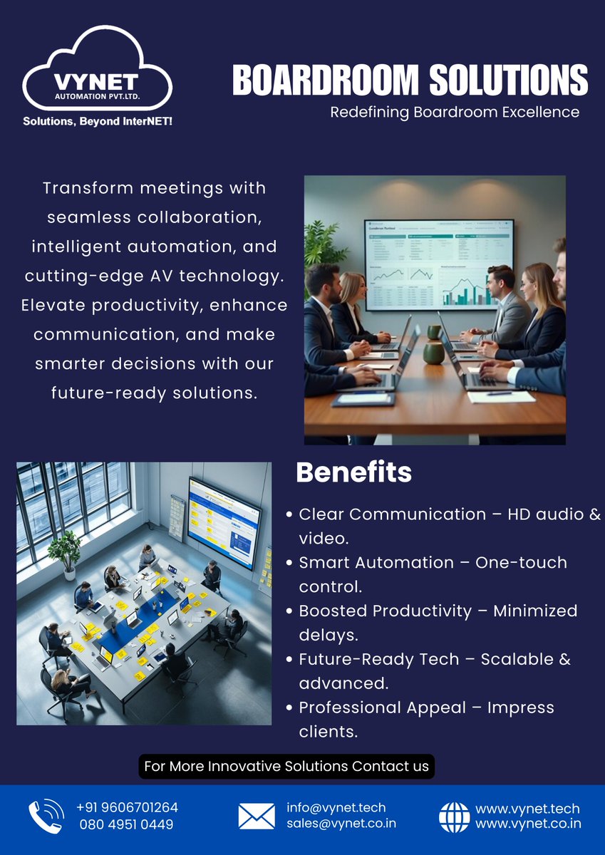 VYNETTECHNOLOGY's tweet image. Elevating Boardroom Solutions: Smart, Seamless, and Future-Ready.

contact us:
📞 +91 9606701264
📨 info@vynet.tech
🌐 vynet.tech

#BoardroomSolutions #SmartMeetings #CorporateTechnology #SeamlessAutomation #FutureReady #ConferenceRoomTech #AVIntegration