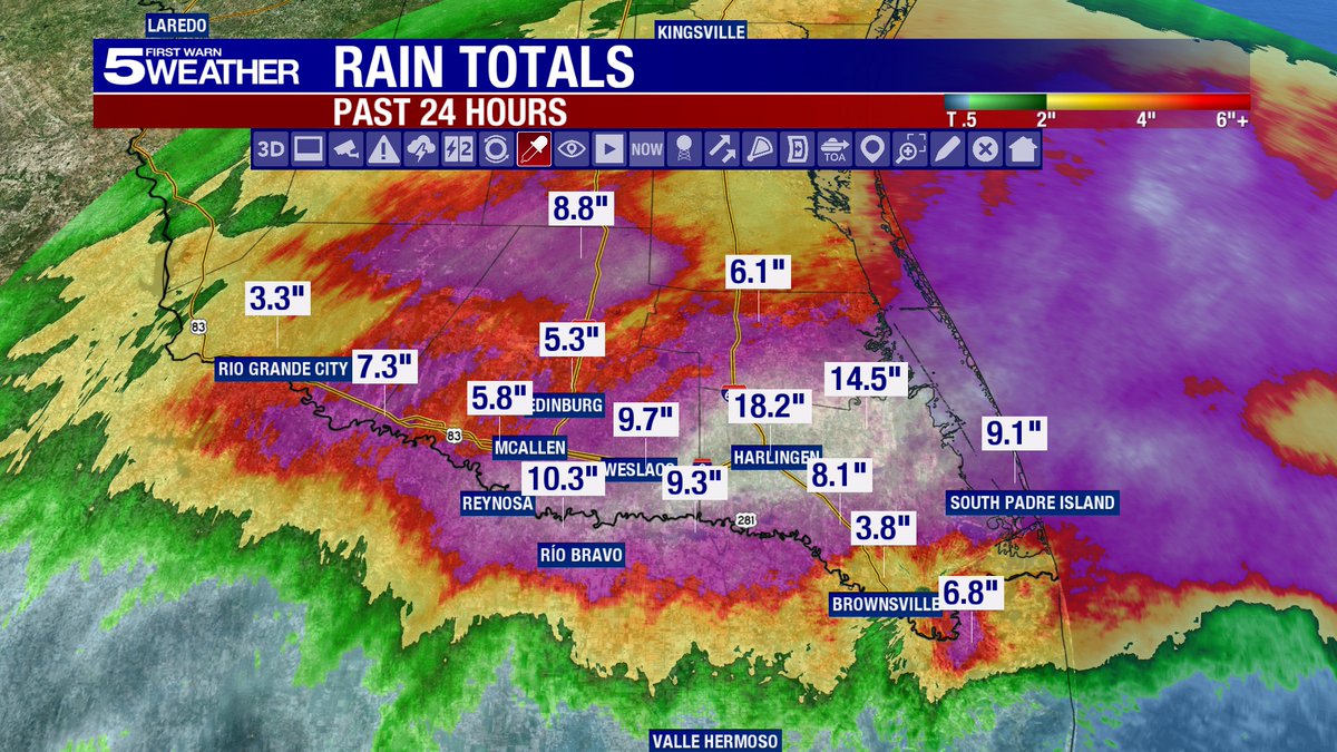 Rainfall totals across the Rio Grande Valley have been record shattering.  These are 24 hour totals estimated by doppler radar which tend to be relatively close to reality.
#RGVWX #TXWX
