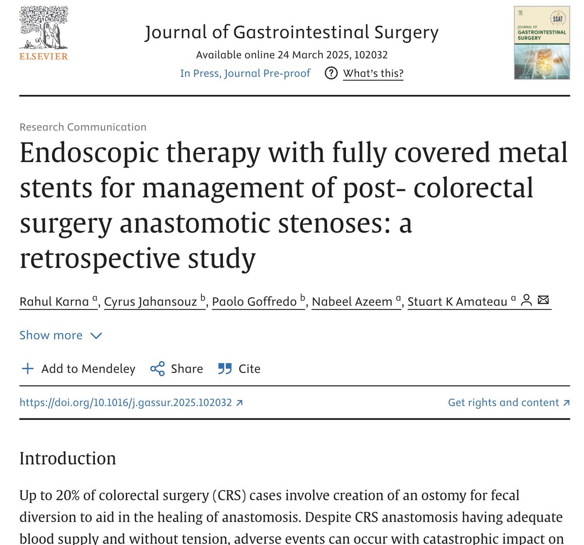 Rahul Karna, MD (@rahulkarnamd) on Twitter photo Fully covered metal stents for post surgical strictures
✅ 💯 % success rate
✅ allowed 💯 % ostomy ✂️takedown
✅ No recurrent strictures
Check out study <a href="/JournalofGISurg/">JOGS</a> <a href="/StuartKAmateau/">Stuart K. Amateau, MD PhD</a> <a href="/nabeelazeem/">Nabeel</a> <a href="/CJahansouz/">Cyrus Jahansouz</a> <a href="/GoffredoPaolo/">Paolo Goffredo, MD</a>
jogs.org/article/S1091-… Fully covered metal stents for post surgical strictures
✅ 💯 % success rate
✅ allowed 💯 % ostomy ✂️takedown
✅ No recurrent strictures
Check out study <a href="/JournalofGISurg/">JOGS</a> <a href="/StuartKAmateau/">Stuart K. Amateau, MD PhD</a> <a href="/nabeelazeem/">Nabeel</a> <a href="/CJahansouz/">Cyrus Jahansouz</a> <a href="/GoffredoPaolo/">Paolo Goffredo, MD</a>
jogs.org/article/S1091-…
