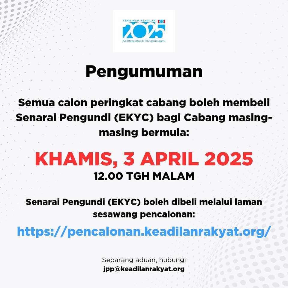 KEADILAN's tweet photo. Salinan Senarai Pengundi (EKYC)
Ikuti/follow laman rasmi Pemilihan Keadilan 2025.

Laman sesawang: https://t.co/47CoXxfyGP
Facebook: Pemilihan Keadilan 2025
Tiktok: https://t.co/so2ImJChSE

Adil | Bebas | Bersih | Telus | Berintegriti

#PemilihanKeadilan2025 #KEADILAN https://t.co/czvp5jGJ3Q