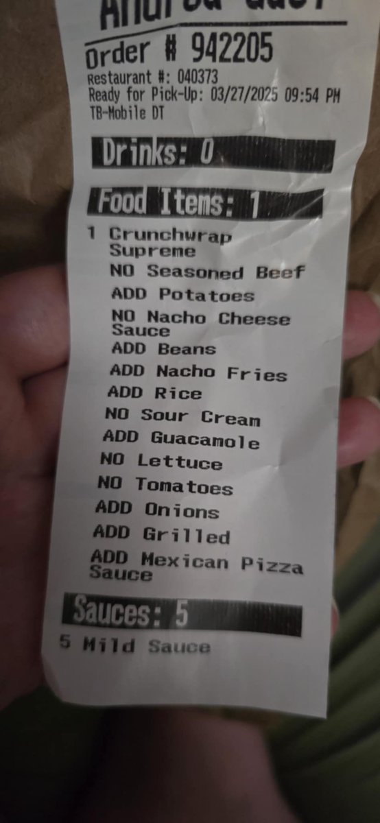 _inthewoods_'s tweet photo. @tacobell Hey, can you make sure your employees actually read what is ordered? My wife is vegan for health reasons, and customized a Crunchwrap. The workers literally ignored every single request and sent her something she couldn’t eat. We spent over $10 for this! https://t.co/U2YIm3a3DJ
