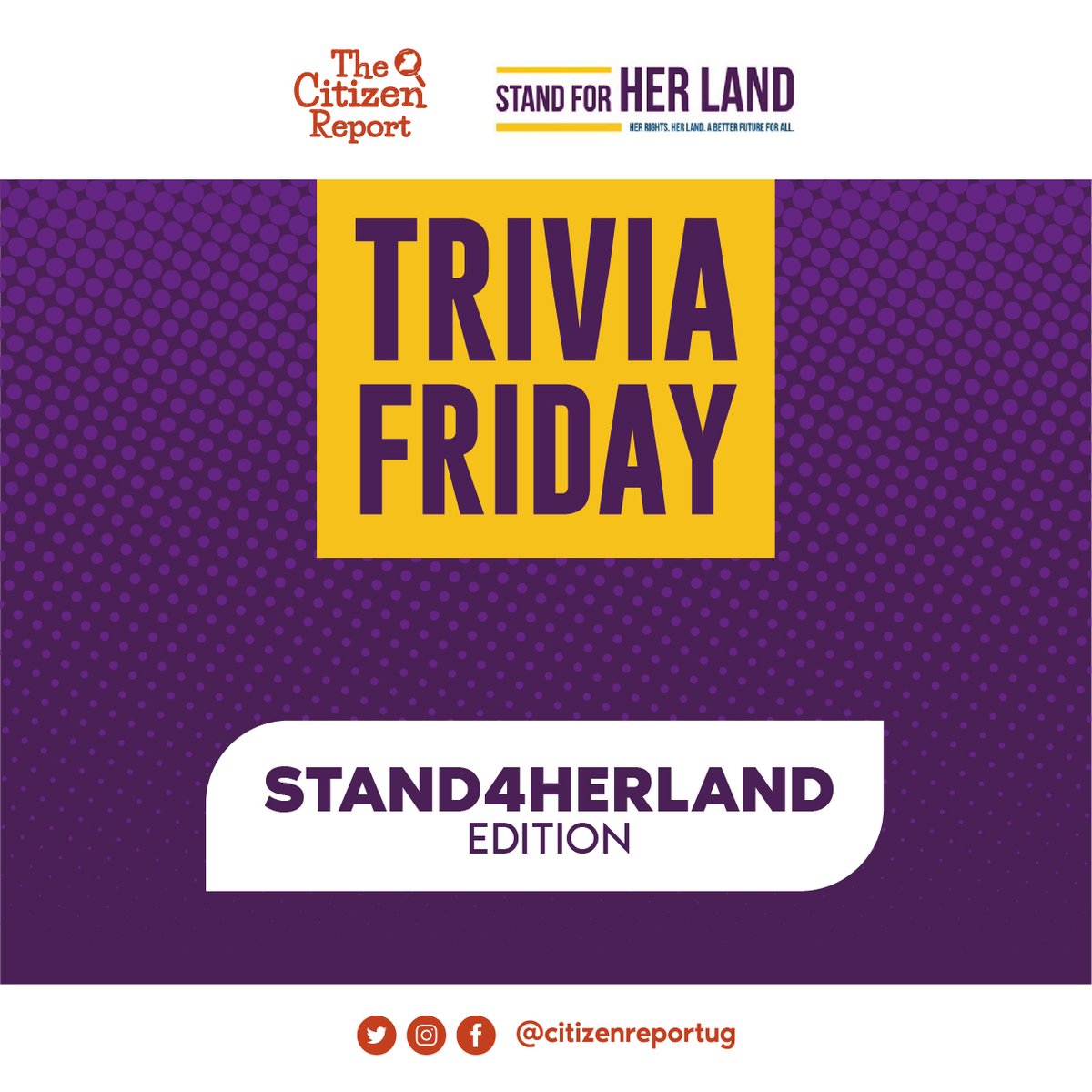 CitizenReportUG's tweet photo. Test your knowledge of women’s land rights! #TriviaFriday

#CivicEdUg #S4HL #Stand4HerLand #UCOBACat35

https://t.co/6hkCi8LBGp https://t.co/4Bdc2dE3Ek