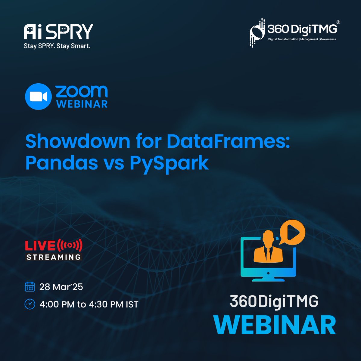 360digitmg's tweet image. 🚀 Showdown for DataFrames: Pandas vs PySpark | 360DigiTMG🚀
🔗 Tap the link below👇to join the session:
youtube.com/live/jh63wM4uW…
🗓 Date: 28th March 2025
🕖 Time: 4:00 AM IST
#PandasVsPySpark #DataFrames #DataScience #MachineLearning #Python #AI #DataProcessing
