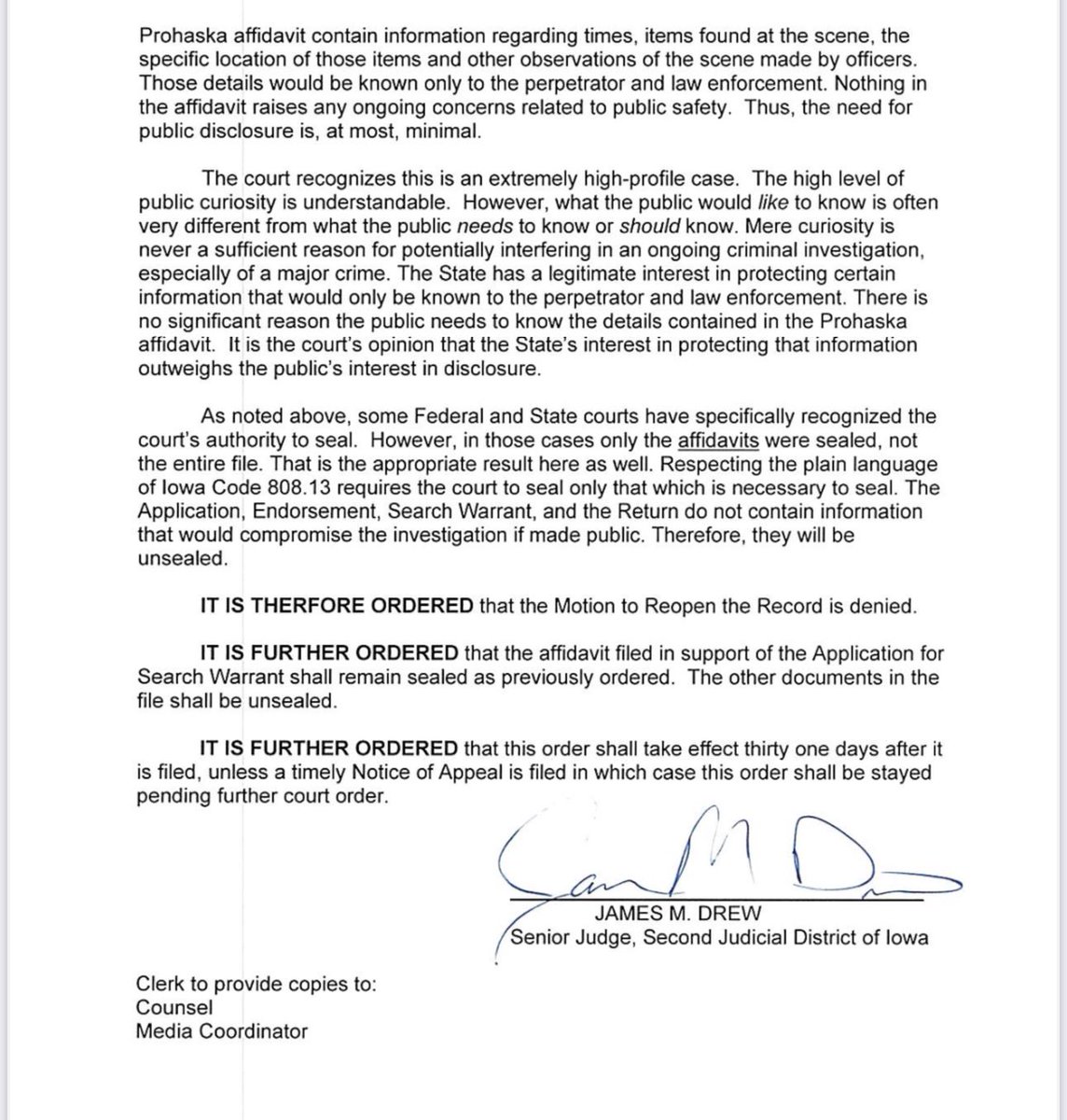Text of Iowa judge's ruling on unsealing 2017 search warrant and affidavit related to a news anchor Jodi Huisentruit's unsolved abduction.