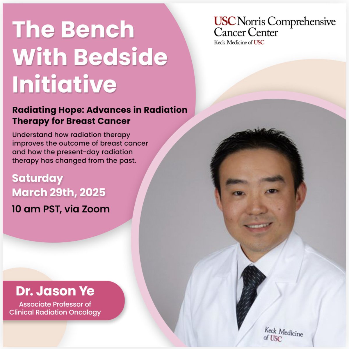 Jason C Ye (@jasonyeradonc) on Twitter photo Honored to be invited by <a href="/bsalhia/">Bodour Salhia, PhD</a> to discuss advancements in #breastcancer therapy, looking forward to the event on Saturday 3/29/25! If you or your friends/family would like to join, please register here: thebenchwithbedsideinitiative.usc.edu/rediating-hope…
<a href="/KeckMedicineUSC/">Keck Medicine of USC</a> <a href="/uscnorris/">USC Norris Comprehensive Cancer Center</a> #radonc Honored to be invited by <a href="/bsalhia/">Bodour Salhia, PhD</a> to discuss advancements in #breastcancer therapy, looking forward to the event on Saturday 3/29/25! If you or your friends/family would like to join, please register here: thebenchwithbedsideinitiative.usc.edu/rediating-hope…
<a href="/KeckMedicineUSC/">Keck Medicine of USC</a> <a href="/uscnorris/">USC Norris Comprehensive Cancer Center</a> #radonc