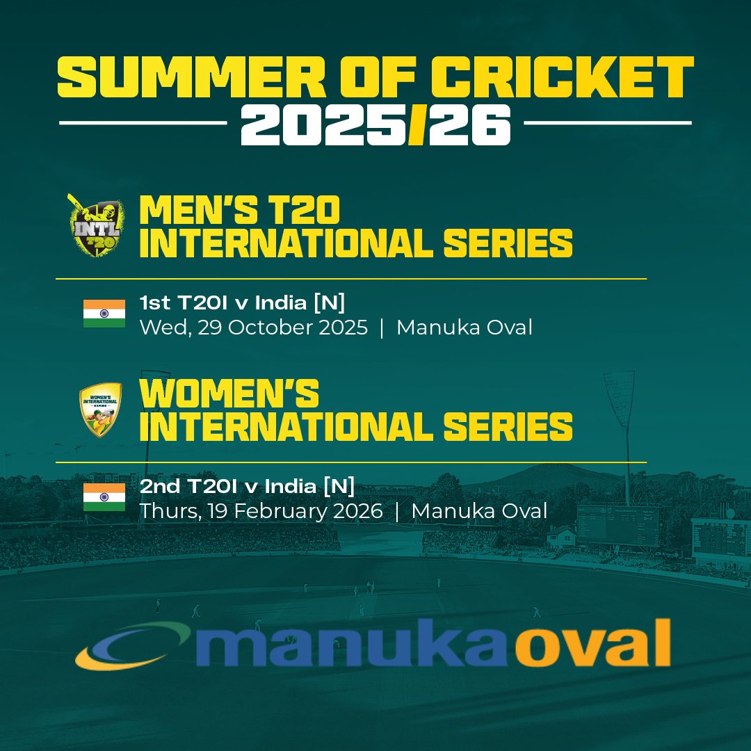 Manuka Oval (@manukaoval) on Twitter photo 🏏 Manuka Oval will host the 1st Men’s T20I – Australia vs India, PLUS a world-class showdown between the Aussie Women’s team and India.
🔥 Priority ticket access is open – register now and stay ahead of the game:
👉 cricket.com.au/tickets/pre-sa…
#AUSvIND #T20Cricket <a href="/CricketACT/">Cricket ACT</a> 🏏 Manuka Oval will host the 1st Men’s T20I – Australia vs India, PLUS a world-class showdown between the Aussie Women’s team and India.
🔥 Priority ticket access is open – register now and stay ahead of the game:
👉 cricket.com.au/tickets/pre-sa…
#AUSvIND #T20Cricket <a href="/CricketACT/">Cricket ACT</a>