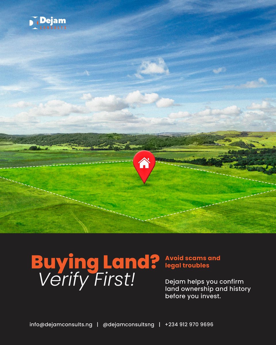 dejamconsultsng's tweet photo. Before You Buy Land, Verify It! ✅
Dejam ensures your land is legit &amp; dispute-free.

🔍 Confirm ownership
🚫 Check for govt restrictions
⚖️ Avoid legal troubles

#Dejam #LandVerification #SecureYourInvestment #LagosRealEstate #BuyLandWisely #RealEstateNigeria https://t.co/dtAQGQXFa0