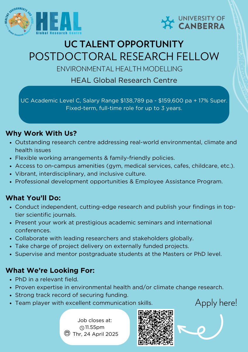 A great job opportunity: Postdoctoral Research Fellow - Environmental Health Modelling!

Come and join the HEAL Global Research Centre at the University of Canberra! 

Apply here, it closes 24 April 2024: uctalent.canberra.edu.au/cw/en/job/5025…