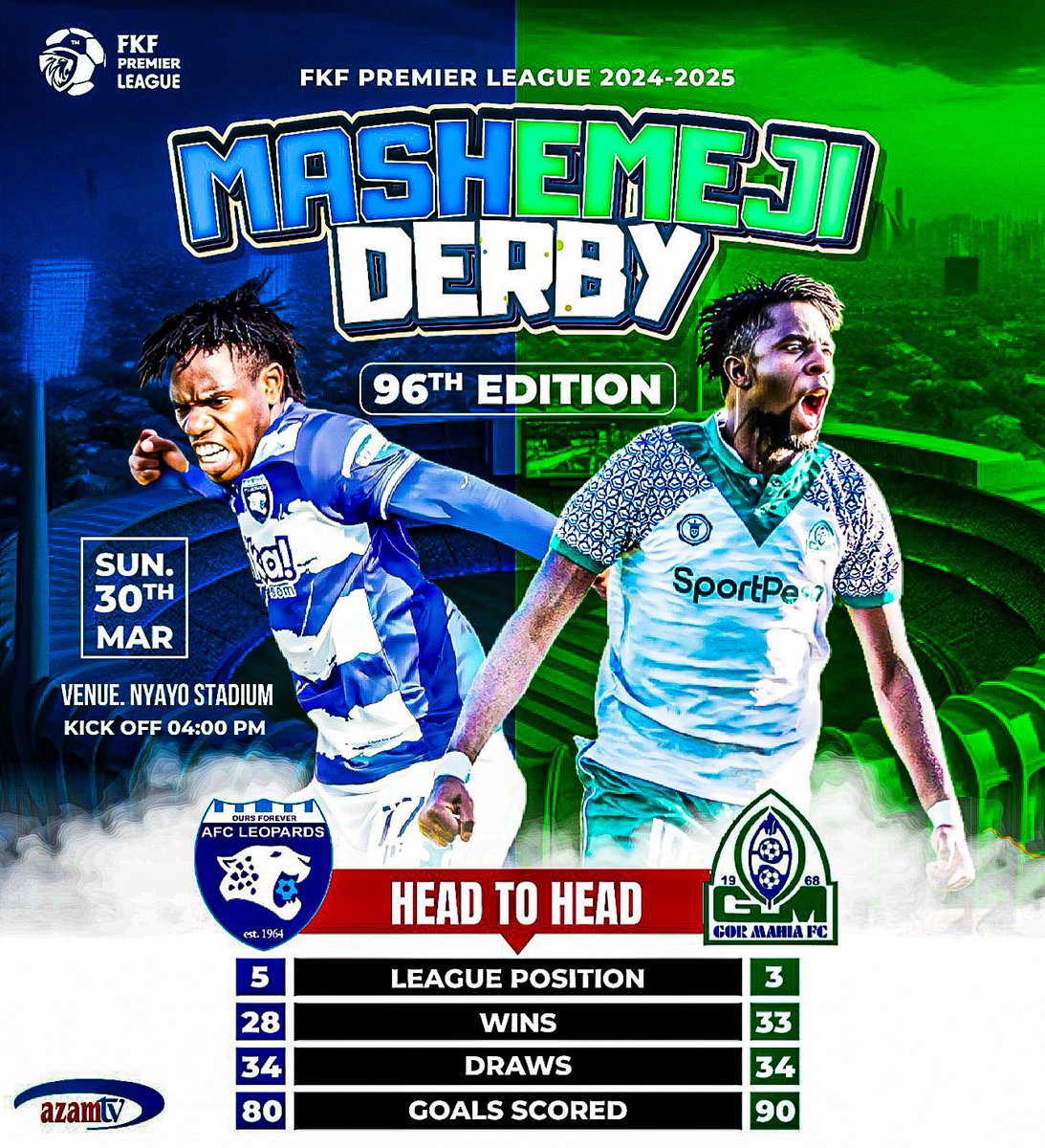 🔥 𝐌𝐀𝐒𝐇𝐄𝐌𝐄𝐉𝐈 𝐃𝐄𝐑𝐁𝐘 – 𝟗𝟔𝐭𝐡 𝐄𝐝𝐢𝐭𝐢𝐨𝐧 🔥  

AFC Leopards 🆚 Gor Mahia  
📍 Nyayo Stadium
📅 Sunday, March 30, 2025
⏰ Kickoff: 4:00 PM

Who takes the crown this time? 🏆 

#MashemejiDerby #FKFPL