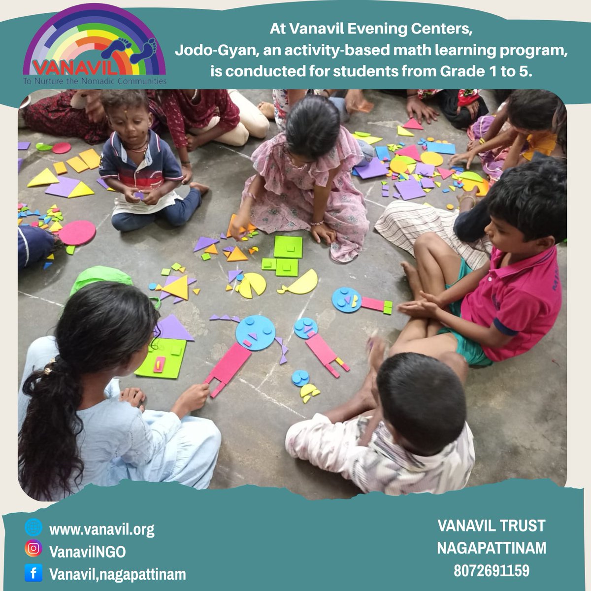 "At Vanavil’s Afterschool centers, children from Grades 1 to 5 are learning mathematics through the experiential Jodo-Gyan approach. This hands-on method helps them develop number sense and understand the relationships between numbers, making math fun and engaging! A big thank u.