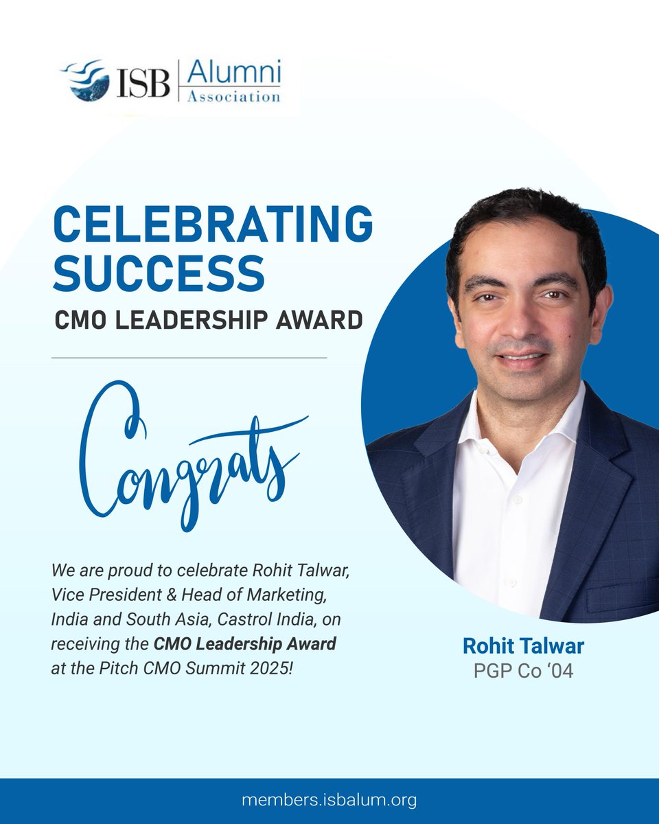 Congratulations, Rohit Talwar! 🎉

We are proud to celebrate Rohit Talwar (PGP Co '04), Vice President &amp; Head of Marketing, India and South Asia, Castrol India

🔗 Read more: exchange4media.com/marketing-news…

#ISBAlumni #ISBAA #CelebratingSuccess #Leadership #CMOAwards