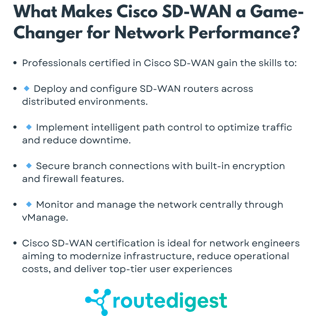 RouteDigest's tweet image. 🌟 What Makes Cisco SD-WAN a Game-Changer for Network Performance? 🚀

Supercharge your network with Cisco SD-WAN Solutions!

#CiscoSDWAN #CiscoCertification #NetworkPerformance #WANOptimization #CloudNetworking #TechGrowth #SecureConnectivity #NetworkEngineer #ITCareer