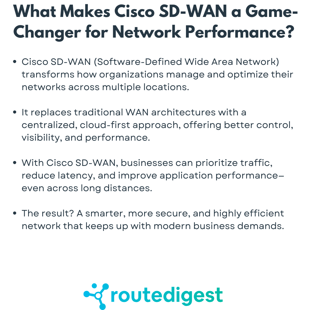 RouteDigest's tweet image. 🌟 What Makes Cisco SD-WAN a Game-Changer for Network Performance? 🚀

Supercharge your network with Cisco SD-WAN Solutions!

#CiscoSDWAN #CiscoCertification #NetworkPerformance #WANOptimization #CloudNetworking #TechGrowth #SecureConnectivity #NetworkEngineer #ITCareer