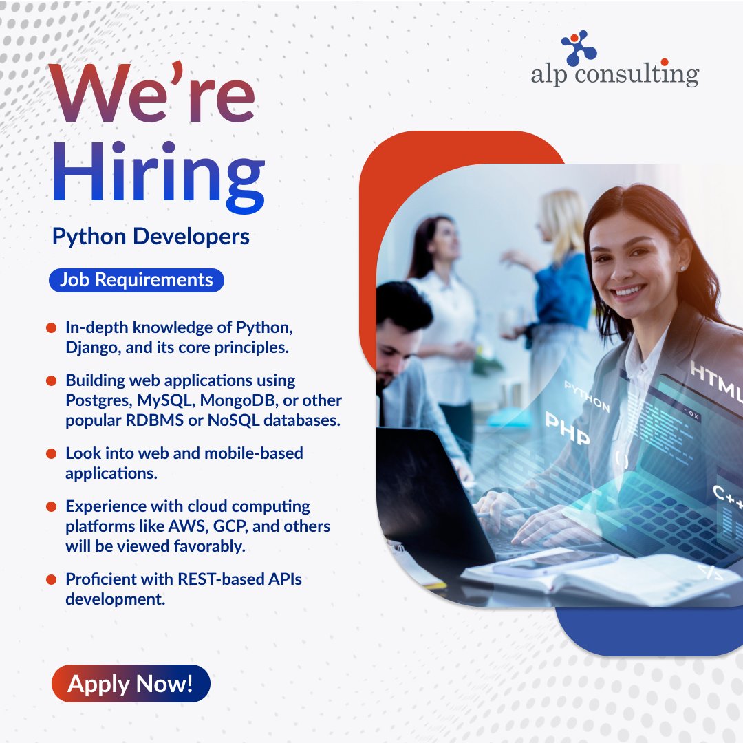 Alp_Corporate's tweet image. We’re Hiring!
In case you fit the criteria and would like to apply, please share your CV at careers@alpconsulting.in
Apply today or share this post with your network
#WeAreHiring #PythonDeveloper #Django #SoftwareJobs #HiringAlert #TechJobs #PythonJobs #Developers #NowHiring…