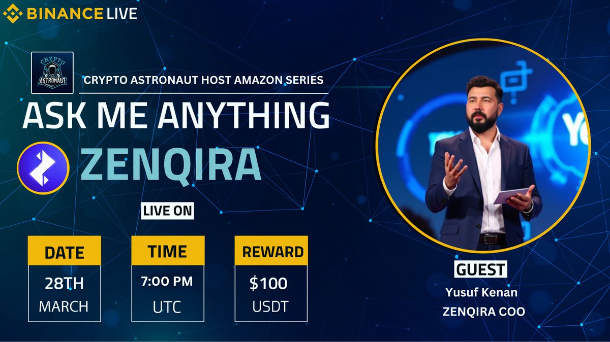 We are pleased to Announce our next AMA! With #ZENQIRA

🔶𝗕𝗜𝗡𝗔𝗡𝗖𝗘 𝗟𝗜𝗩𝗘 🔶

🎙️Guest - Yusuf Kenan 

🎁Reward: $100 USDT

🏠Venue: binance.com/en/live/u/4262…

📆Date: 28th March 2025

🕒Time: 7:00 PM UTC 

🔰Rules
Follow <a href="/CryptoAs_TW/">CRYPTO ASTRONAUT</a> &amp; <a href="/zenqiratech/">ZENQIRA</a>

💠  Like,Retweet &amp;