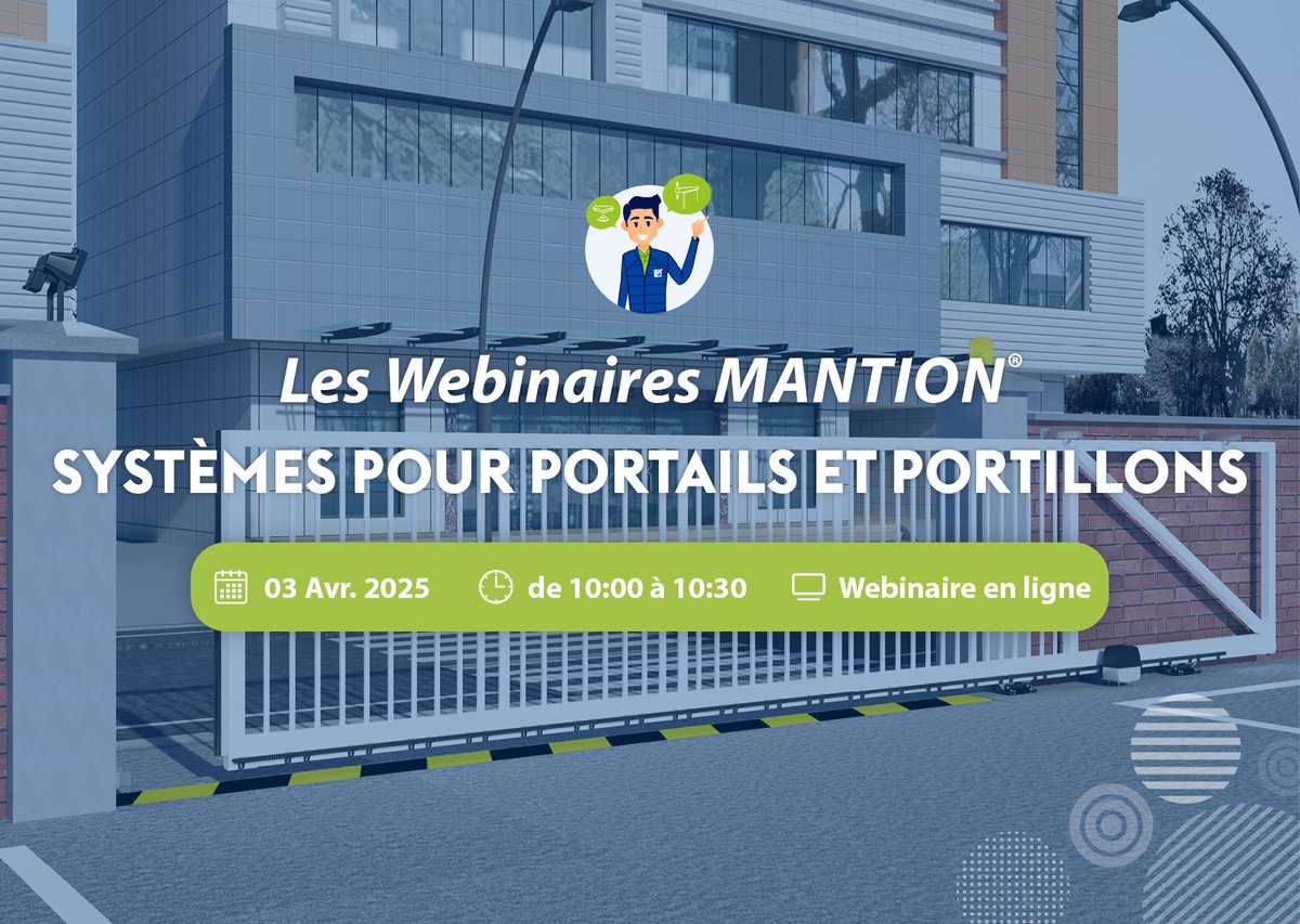 mantionSas's tweet photo. 📢 Participez à notre #webinaire #MANTION pour découvrir nos #SystèmesCoulissants pour #Portails #Portillons jeudi 3 avril.

Présenté par notre Directeur Commercial France &amp; BELUX et notre Responsable Bureau d'Etudes Groupe.

📅 Je m'inscris gratuitement : https://t.co/7qULIeE73N https://t.co/BUrJcOUL8s
