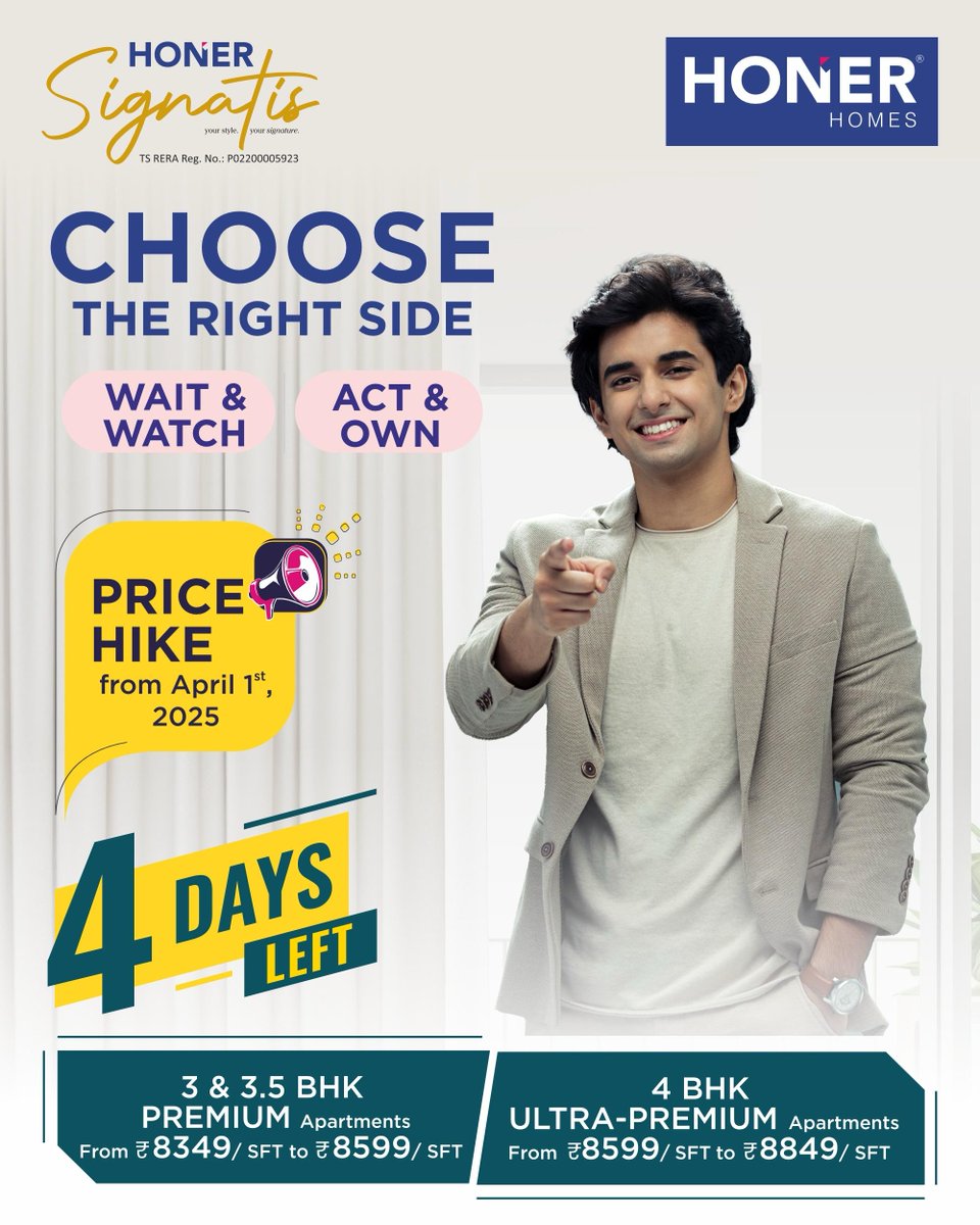 HonerHomes's tweet photo. Decide wisely and be a part of appreciation!

4 Days left to book your dream home at Signatis before the price shoots up!

Glide through our website to know more: https://t.co/kRQEGcy8cb

#Signatis #HonerSignatis #PriceHike #RareLife #RareStyle #4DaysToGo #Honer #HonerHomes #WeAreHoner