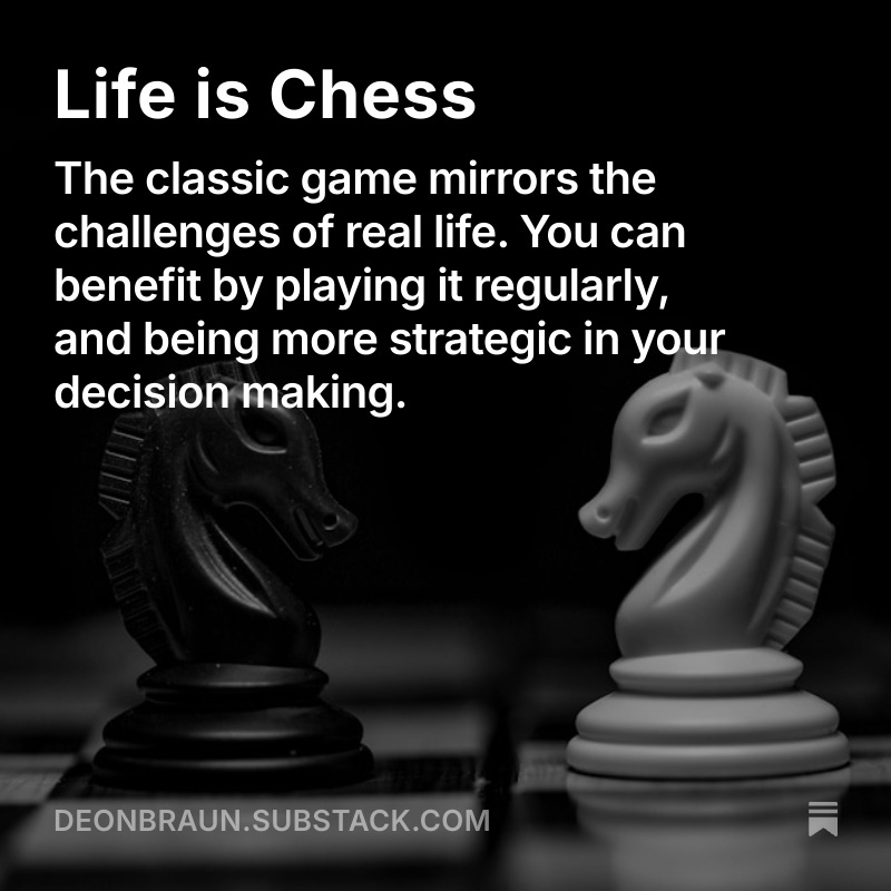 I've been playing a spot of #chess. The bots currently rate me Advanced Beginner ie easy to beat. But anyway, I'm having fun.
As the games went by, the similarities with real life became apparent. So I wrote about it. 
open.substack.com/pub/deonbraun/…