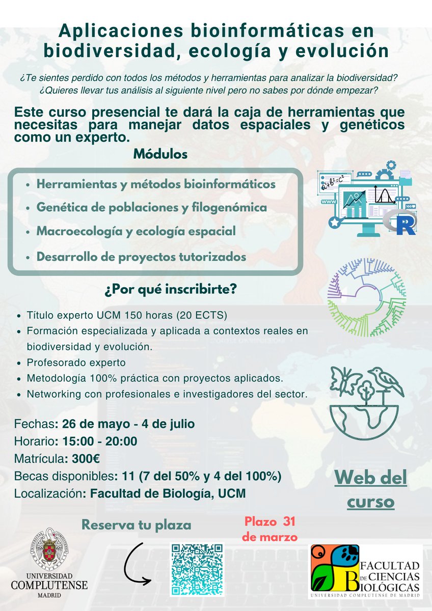 Guillermo Fandos (@g_fandos) on Twitter photo 📢 Título de Experto en Aplicaciones bioinformáticas en biodiversidad, ecología y evolución
📅 26 mayo - 4 julio | ⏰ 15:00 - 20:00
📍 Facultad de Biología, UCM | 💰 300€
🚀 Metodología práctica + proyectos
 tutorizados
📌 Inscríbete ya! ucm.es/formacion-perm…
#Bioinformática 📢 Título de Experto en Aplicaciones bioinformáticas en biodiversidad, ecología y evolución
📅 26 mayo - 4 julio | ⏰ 15:00 - 20:00
📍 Facultad de Biología, UCM | 💰 300€
🚀 Metodología práctica + proyectos
 tutorizados
📌 Inscríbete ya! ucm.es/formacion-perm…
#Bioinformática