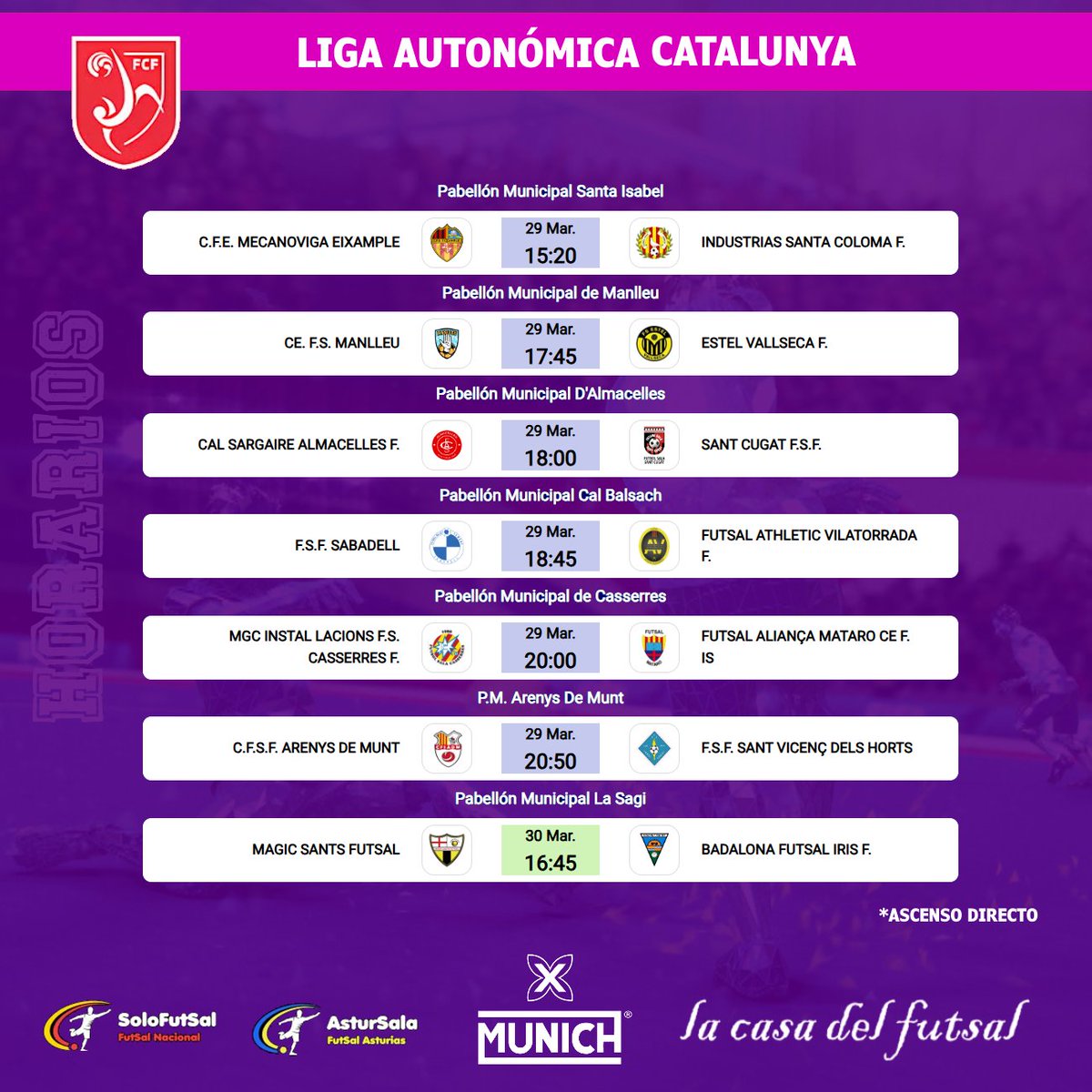 Solo-FutSal (@solofutsal_) on Twitter photo 🟣 DIVISIÓN DE HONOR FEMENINA CATALUNYA
📆 19ª JORNADA / ⏰ HORARIOS
✍️ Consulta los horarios de la jornada
📎 solo-futsal.es/liga-autonomic…
🔀 Visita los perfiles de los equipos de la categoría
<a href="/Futsal_Mataro/">CE Futsal Mataró</a> <a href="/FSSabadellFem/">FS Sabadell Femení</a> <a href="/FSSANTCUGAT/">FS Sant Cugat</a> <a href="/MagicSants/">Màgic Sants Futsal</a> <a href="/AthVilatorrada/">Futsal Athletic Vilatorrada</a> #FutSalSeros 🟣 DIVISIÓN DE HONOR FEMENINA CATALUNYA
📆 19ª JORNADA / ⏰ HORARIOS
✍️ Consulta los horarios de la jornada
📎 solo-futsal.es/liga-autonomic…
🔀 Visita los perfiles de los equipos de la categoría
<a href="/Futsal_Mataro/">CE Futsal Mataró</a> <a href="/FSSabadellFem/">FS Sabadell Femení</a> <a href="/FSSANTCUGAT/">FS Sant Cugat</a> <a href="/MagicSants/">Màgic Sants Futsal</a> <a href="/AthVilatorrada/">Futsal Athletic Vilatorrada</a> #FutSalSeros
