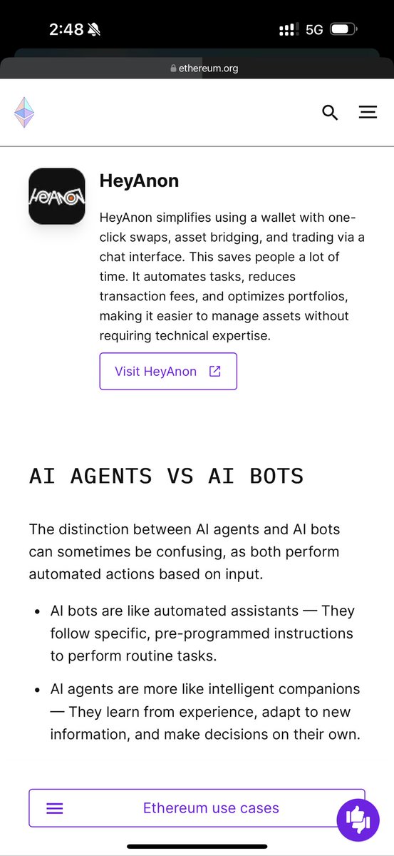 Thank you <a href="/ethereum/">Ethereum</a> for featuring <a href="/HeyAnonai/">Hey Anon</a> in the new new AI Agents section. ethereum.org/en/ai-agents/