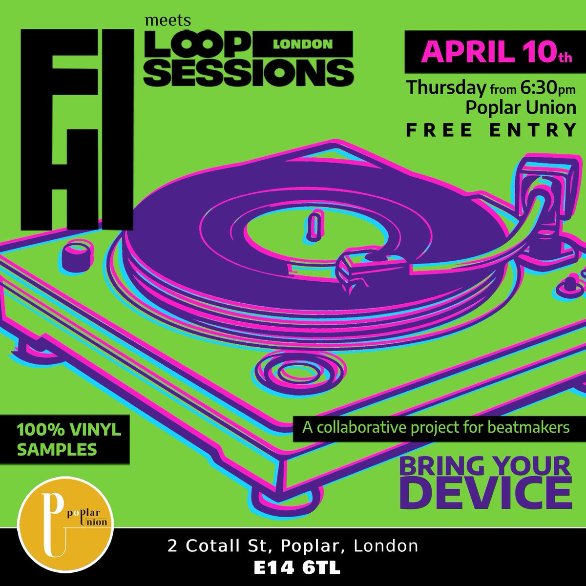 Dusty Ohms (@dustyohms) on Twitter photo We have another FI-HI × @Loop_Sessions LDN collaboration event.
First person through the door picks the record. Everyone has 5 mins to needle drop it for samples, and a few hours to make a track. Then at the end we play them all on the sound system.
10th April
📍 <a href="/PoplarUnion/">Poplar Union | East London Arts Venue</a> We have another FI-HI × @Loop_Sessions LDN collaboration event.
First person through the door picks the record. Everyone has 5 mins to needle drop it for samples, and a few hours to make a track. Then at the end we play them all on the sound system.
10th April
📍 <a href="/PoplarUnion/">Poplar Union | East London Arts Venue</a>