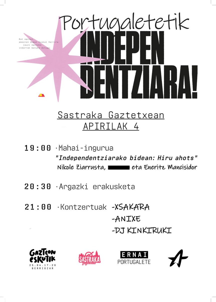 Portugaletetik Independentziara! Geroz eta gutxiago falta da: 7 egun.

Hor doa prestatutako egitarauaren orduz-ordukoa...

Sastraka Gaztetxean itxarongo zaituztegu ✨️ Animatu zaitezte!!!