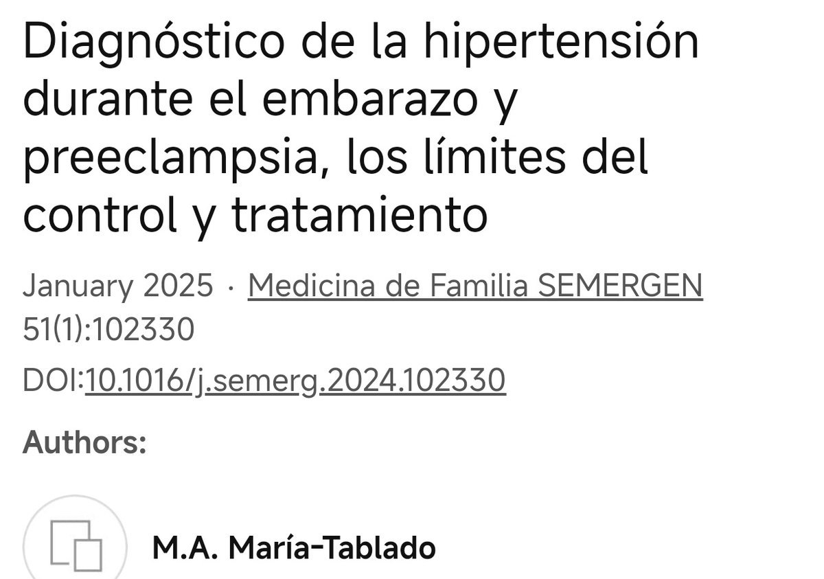#RevistaSEMERGEN 
📙Diagnóstico de la hipertensión durante el embarazo y preeclampsia, los límites del control y tratamiento
Diagnosis of hypertension during pregnancy and preeclampsia, the limits of control and treatment
sciencedirect.com/science/articl… <a href="/Miguel_A_Maria/">Miguel A. Maria. Medico de Familia</a> #HTA #embarzo