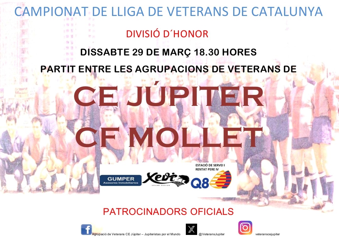 Dissabte 29 Mpal Júpiter 18.30h. Campionat de Lliga Veterans de Catalunya Divisió D'Honor. <a href="/VeteransJupiter/">Agr Vet CE Júpiter</a> vs Vet. <a href="/CFMolletUE/">CF Mollet UE</a> #55AnysVetJupiter <a href="/xeviestudi/">Xevi Estudi</a> #GumperApi #Q8PereIV 🩶❤️