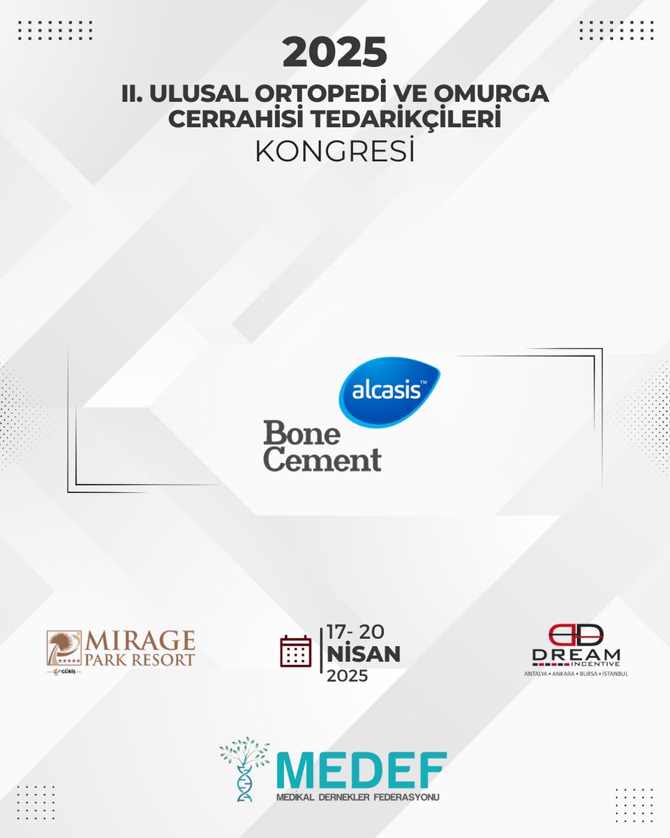 AlcasisBoneCmnt's tweet photo. 🚨 Tabib Farma - Alcasis Bone Cement is exhibiting! 🚨

Join us at the National Orthopedics &amp; Spine Surgery Suppliers Congress in Antalya, April 17-20, 2025! 🇹🇷

📍 Booth 7 – Discover cutting-edge orthopedic &amp; spine surgery innovations! Let’s connect!

#Orthopedics #SpineSurgery https://t.co/VZbwX6eQtc