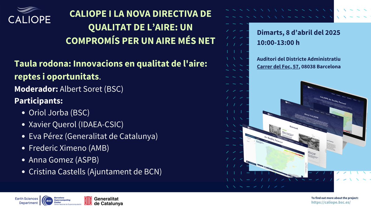 CALIOPE (@caliope_bsc) on Twitter photo 🚨 Taula rodona: "Innovacions en #QualitatDeLAire: reptes i oportunitats" 🌍💨
📆8 Abril | 📍Districte Administratiu (BCN)
👉 Reserva la teva plaça aquí: form.typeform.com/to/N7rl4Z01
<a href="/BSC_CNS/">BSC-CNS</a> <a href="/gencat/">Generalitat de Catalunya</a> <a href="/bcn_ajuntament/">Ajuntament de Barcelona</a> <a href="/IDAEA_CSIC/">Inst. of Environmental Assessment & Water Research</a>
#innovacio #mediambient #qa 🚨 Taula rodona: "Innovacions en #QualitatDeLAire: reptes i oportunitats" 🌍💨
📆8 Abril | 📍Districte Administratiu (BCN)
👉 Reserva la teva plaça aquí: form.typeform.com/to/N7rl4Z01
<a href="/BSC_CNS/">BSC-CNS</a> <a href="/gencat/">Generalitat de Catalunya</a> <a href="/bcn_ajuntament/">Ajuntament de Barcelona</a> <a href="/IDAEA_CSIC/">Inst. of Environmental Assessment & Water Research</a>
#innovacio #mediambient #qa