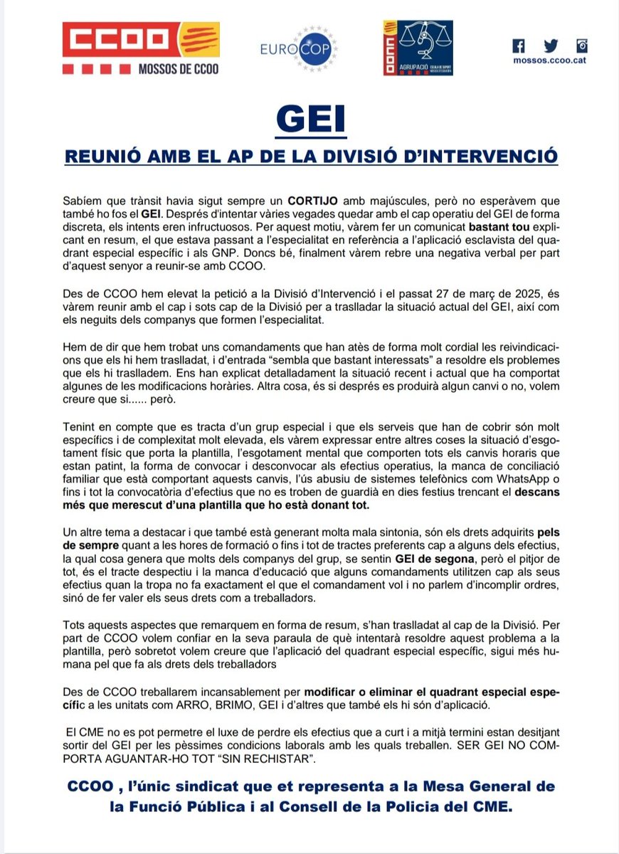 Us resumim la reunió de <a href="/CcooMossos/">MossosCCOO</a> amb la divisió d'intervenció pels problemes que ens van comunicar els companys del Grup Especial d'intervenció i que vam denunciar públicament fa una mesos.
Tota la info aquí ⬇️⬇️⬇️.
<a href="/CCOO/">COMISIONES OBRERAS</a> <a href="/ccoocatalunya/">CCOO de Catalunya</a> <a href="/Euro_COP/">EuroCOP 🇺🇦</a>
<a href="/FscSeaa/">SEAA FSC CCOO #ElPoderDeCambiarLasCosas</a>  <a href="/PFCCOO/">PolicíaForal-CCOO. #SomosPolicíasForalesDeCCOO</a>