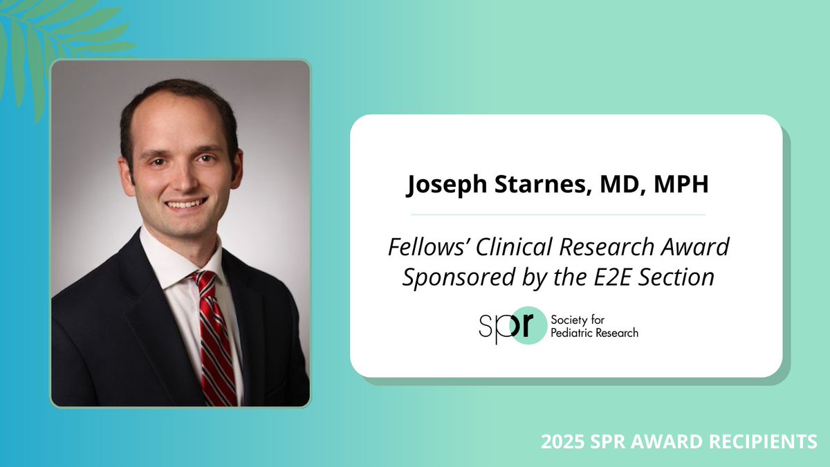 SPR (@socpedresearch) on Twitter photo Congratulations to Joseph Starnes, MD, one of this year's recipients of the 2025 SPR Clinical Research Award for Fellows Sponsored by the Emerging to Established (E2E) Section. <a href="/E2E_spr/">SPR Emerging to Established (E2E) Section</a>
Read more: ow.ly/SZrf50Vp5St Congratulations to Joseph Starnes, MD, one of this year's recipients of the 2025 SPR Clinical Research Award for Fellows Sponsored by the Emerging to Established (E2E) Section. <a href="/E2E_spr/">SPR Emerging to Established (E2E) Section</a>
Read more: ow.ly/SZrf50Vp5St