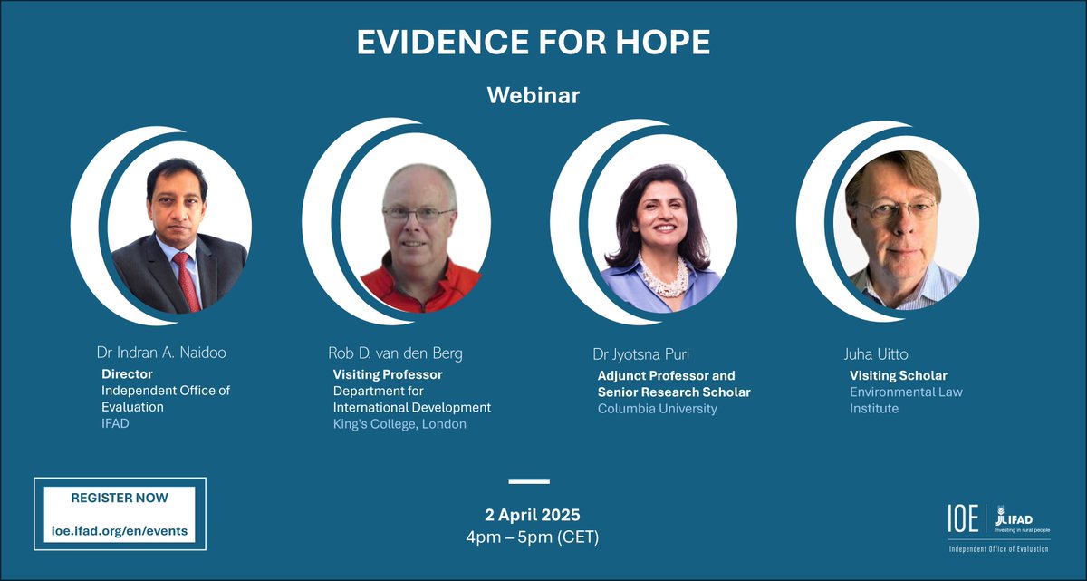 🔵#IFADeval learning event - ‘Evidence for Hope’

<a href="/RobDvandenBerg/">Rob D. van den Berg</a>, Dr <a href="/Jo_Puri/">Dr. Jo Puri</a> &amp; <a href="/JuhaUitto/">Juha Uitto</a> will discuss how humanity may now be on the verge of starting the sustainability revolution. Dr <a href="/Indran_Eval/">Dr. Indran A Naidoo</a> will moderate the panel discussion.

📝 bit.ly/3E4YKIV