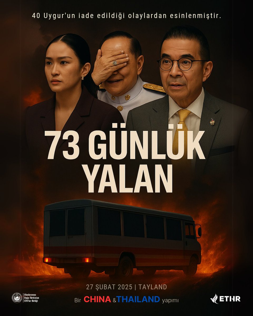 Tayland, 73 gün boyunca hapishanelerde tuttuğu Uygurlar konusunda yalan söyledi! 40 Uygur Türkü iade edilene kadar 73 gün boyunca onların iade edilmeyeceği söylendi ancak 27 Şubat'ta ansızın Çin'e iade edildiler. Bu filmdeki başroller ise Tayland Başbakanı, Savunma Bakanı ve