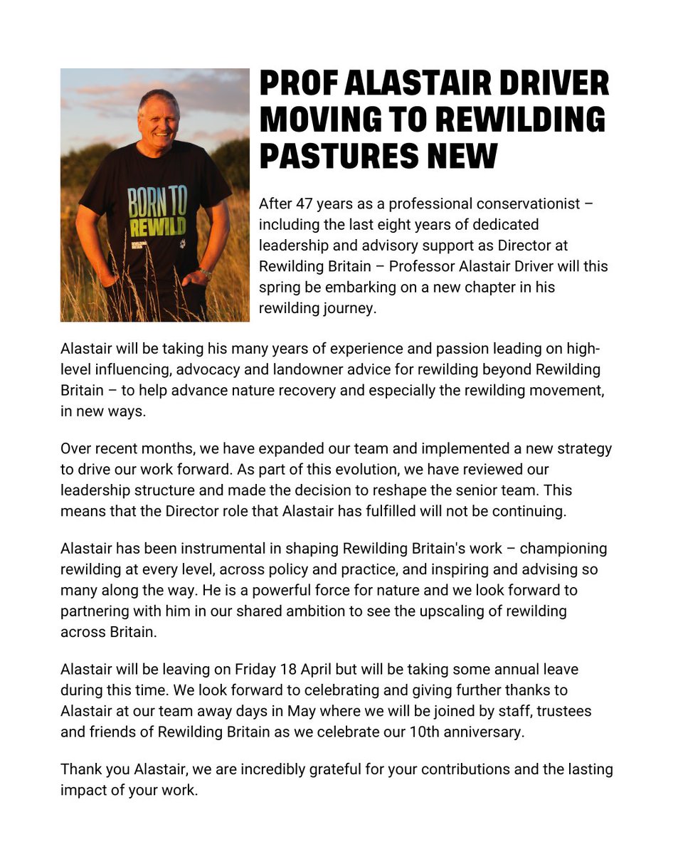 Rewilding Britain (@rewildingb) on Twitter photo Prof <a href="/AliDriverUK/">Alastair Driver</a> moving to rewilding pastures new. Read our full announcement below. Prof <a href="/AliDriverUK/">Alastair Driver</a> moving to rewilding pastures new. Read our full announcement below.
