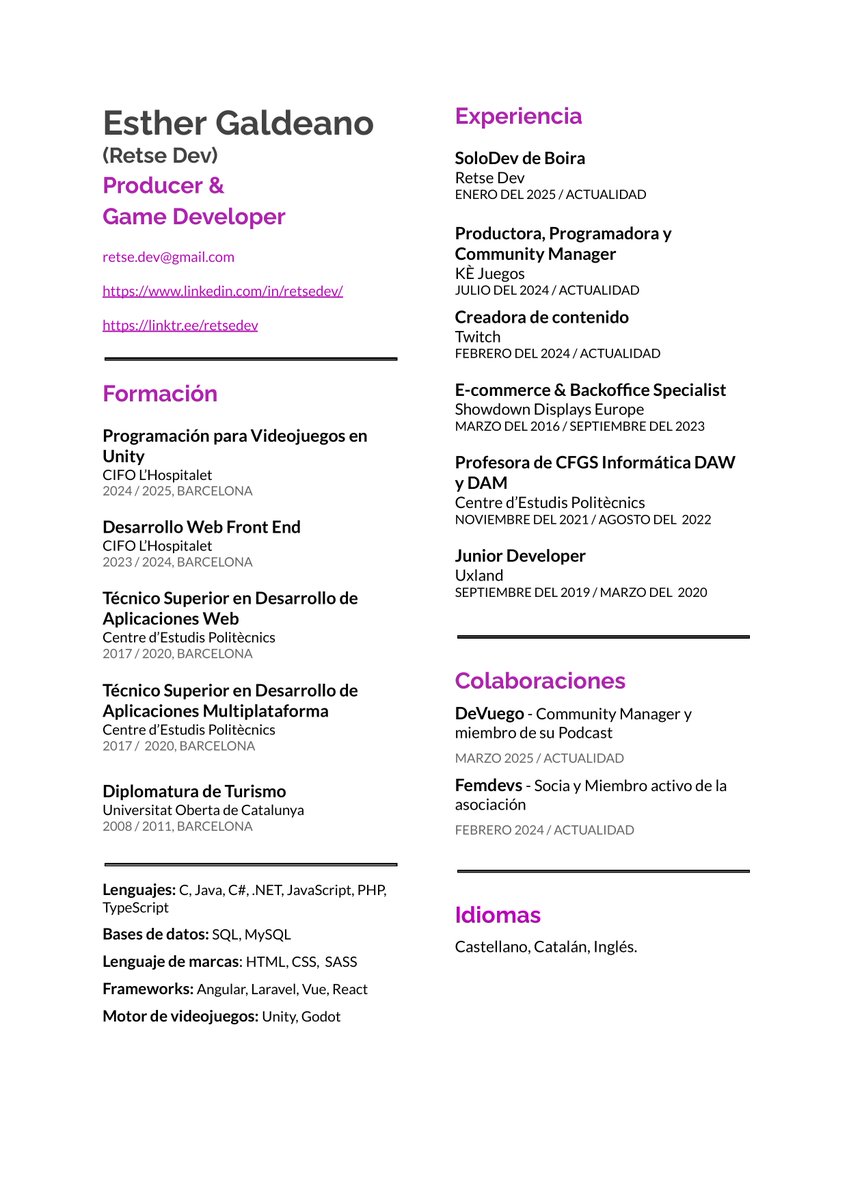 Retse_dev's tweet image. 📢Estoy buscando trabajo! Comparto CV a ver si hay suerte
Busco ofertas en el sector videojuegos de alguno de estos roles:
- Productora
- Relaciones Públicas / Community Manager
- Programadora
- Gestión o Administración
- Creación de contenido
Teletrabajo o Híbrido
Gracias!
