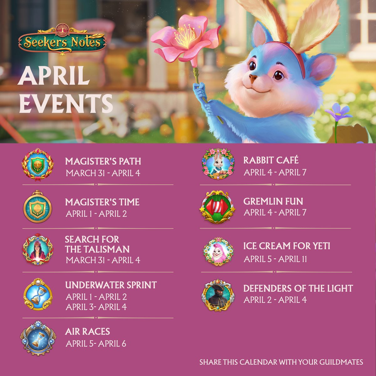 A week packed with exciting events has arrived, especially the much-anticipated guild events! ✅ Don’t forget to save the calendar and share it with your guild.

📲seekersnotes.onelink.me/E3IM/44a54a93