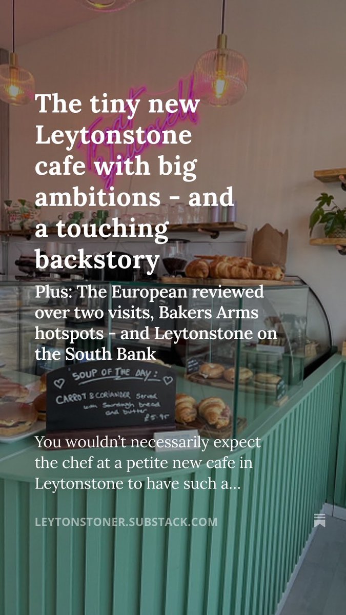 New issue out now featuring the fascinating story behind a tiny new Leytonstone cafe, The European reviewed, a glimpse of Leytonstone in 2007 and how E11 has popped up on the South Bank 

open.substack.com/pub/leytonston…