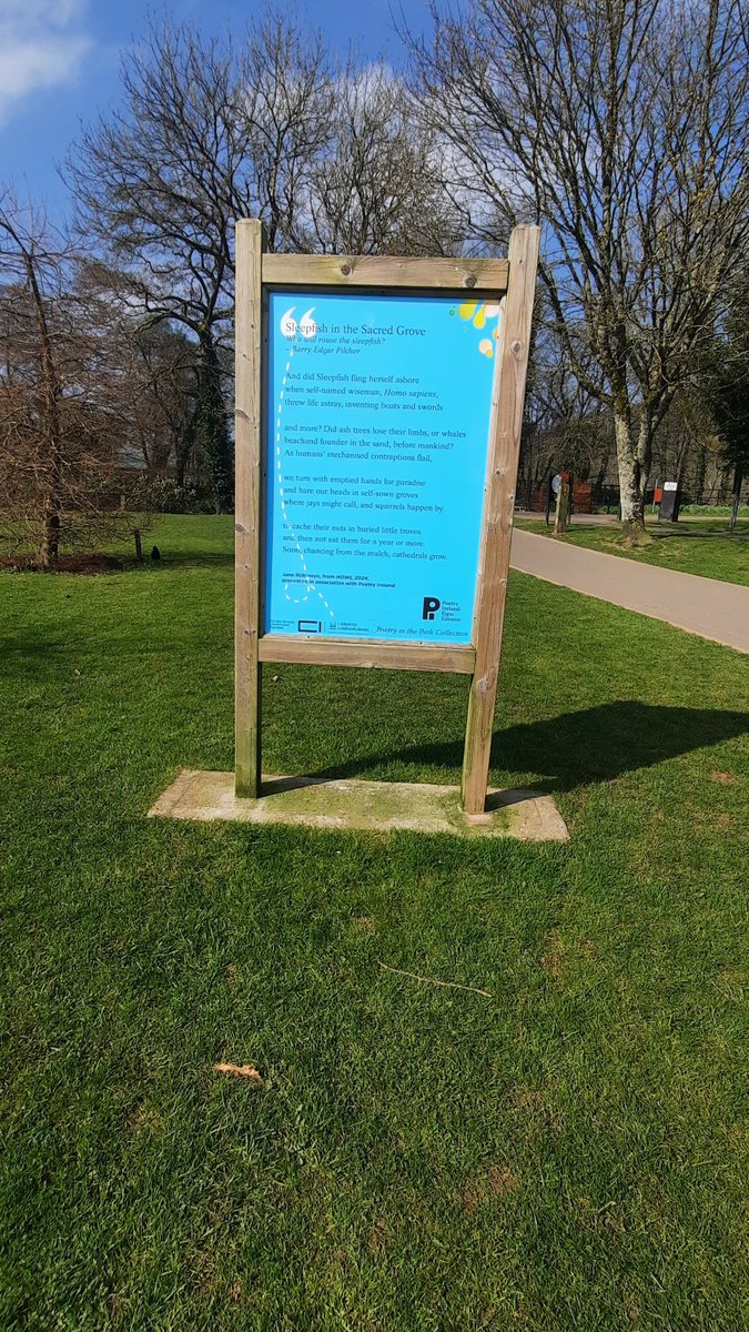 HowlWriting's tweet image. Jane Robinson's gorgeous poem, 'Sleepfish in the Sacred Grove' on display in Ballincollig Regional Park, Cork. Huge thanks to @poetryireland for supporting us with this project. Gratitude to @corkcitylibrary & @creativeirl 🩶 poetryireland.ie/whats-on/poetr…